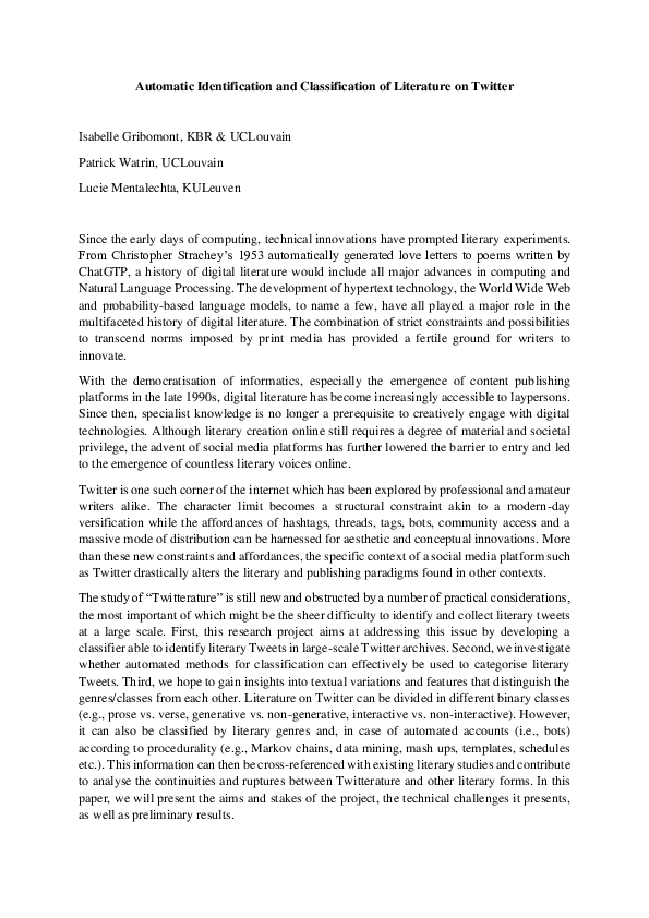 (PDF) Automatic Identification and Classification of Literature on Twitter
