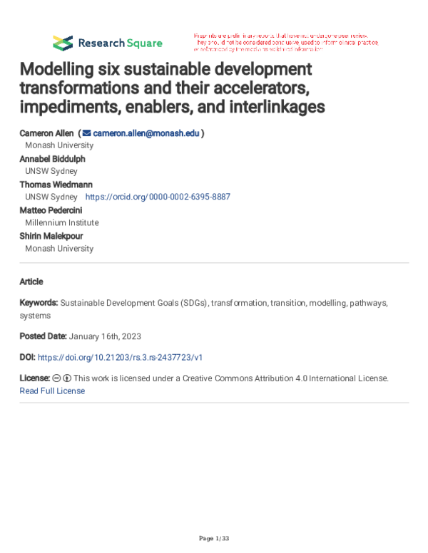 (PDF) Modelling six sustainable development transformations and their ...