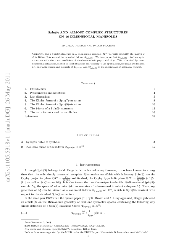 (PDF) Spin(9) and almost complex structures on 16-dimensional manifolds