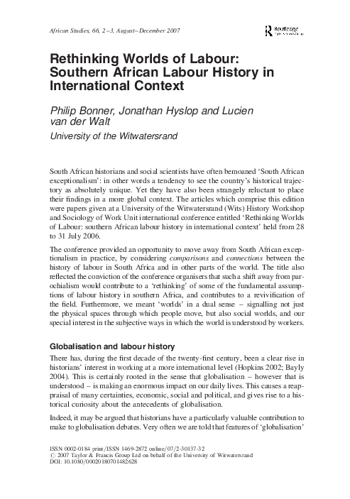 (PDF) Rethinking Worlds of Labour: Southern African Labour History in ...