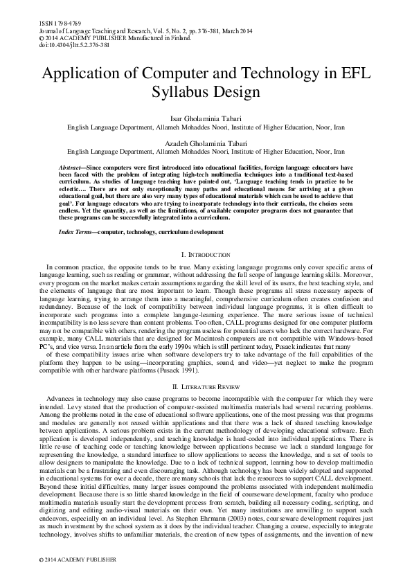 (PDF) Application of Computer and Technology in EFL Syllabus Design