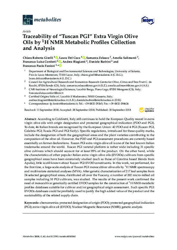 (PDF) Traceability of "Tuscan PGI" Extra Virgin Olive Oils by ¹H NMR ...