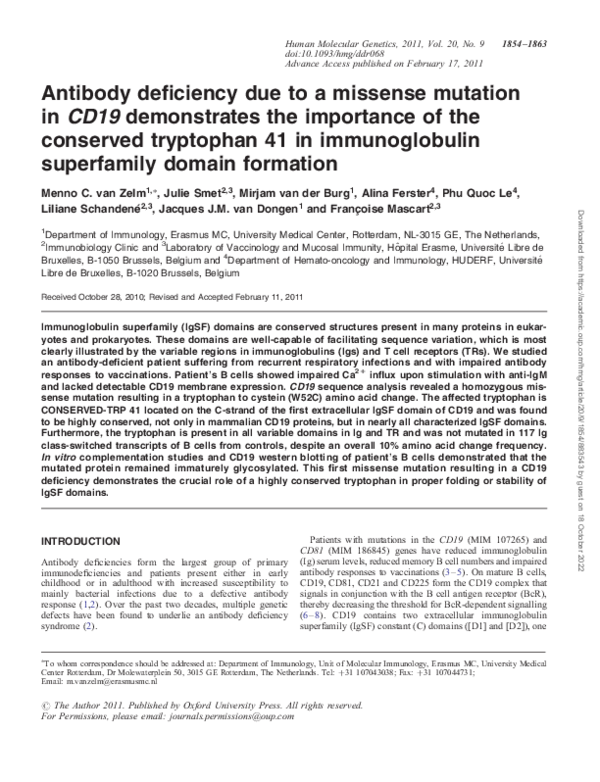 (PDF) Antibody deficiency due to a missense mutation in CD19 ...