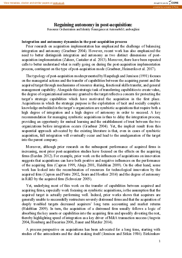 (PDF) Regaining autonomy in post-acquisition:Resource orchestration and ...