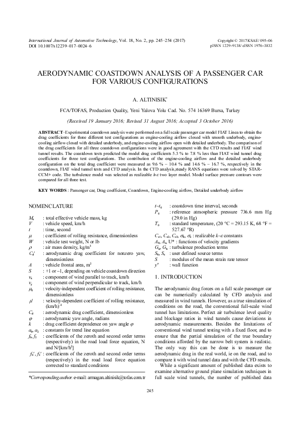 (PDF) Aerodynamic coastdown analysis of a passenger car for various ...