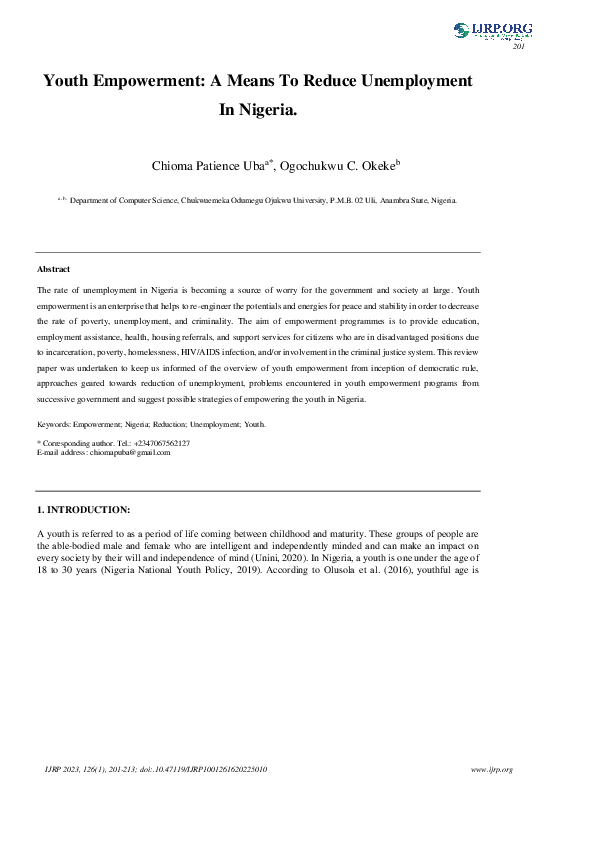 (PDF) Youth Empowerment: A Means To Reduce Unemployment In Nigeria