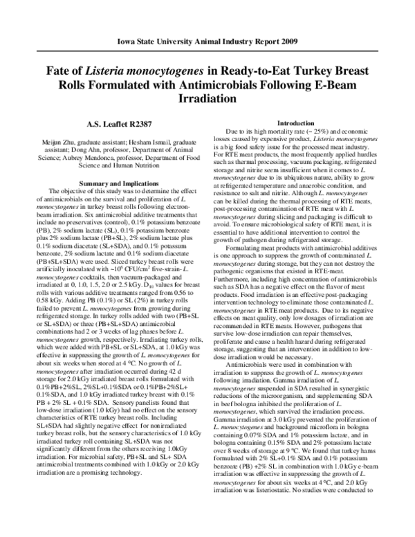 Fate of Listeria monocytogenes in Ready-to-Eat Turkey Breast Rolls Formulated with Antimicrobials Following E-Beam Irradiation