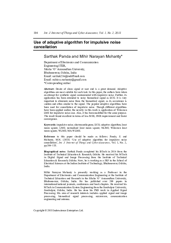 (PDF) Use of adaptive algorithm for impulsive noise cancellation
