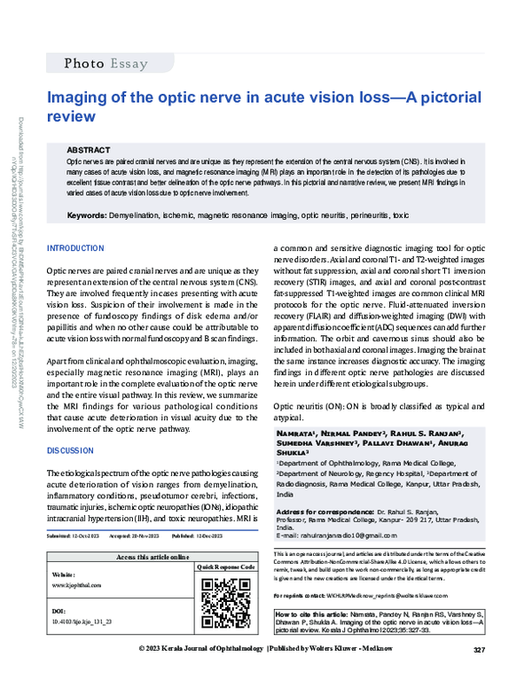 (PDF) Imaging of the optic nerve in acute vision loss—A pictorial review