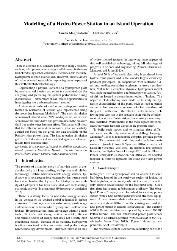 (PDF) Modelling of a Hydro Power Station in an Island Operation