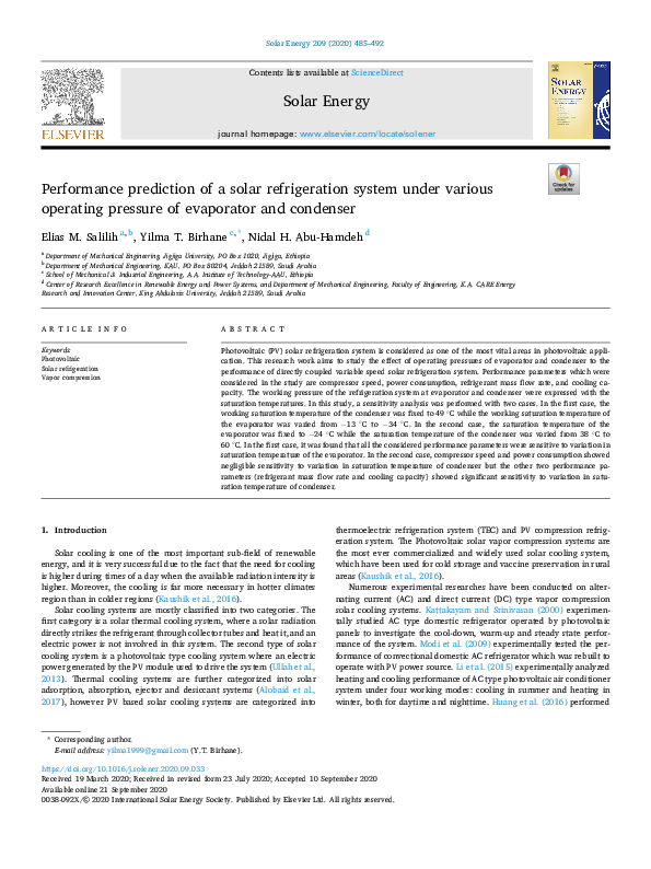 (PDF) Performance prediction of a solar refrigeration system under ...