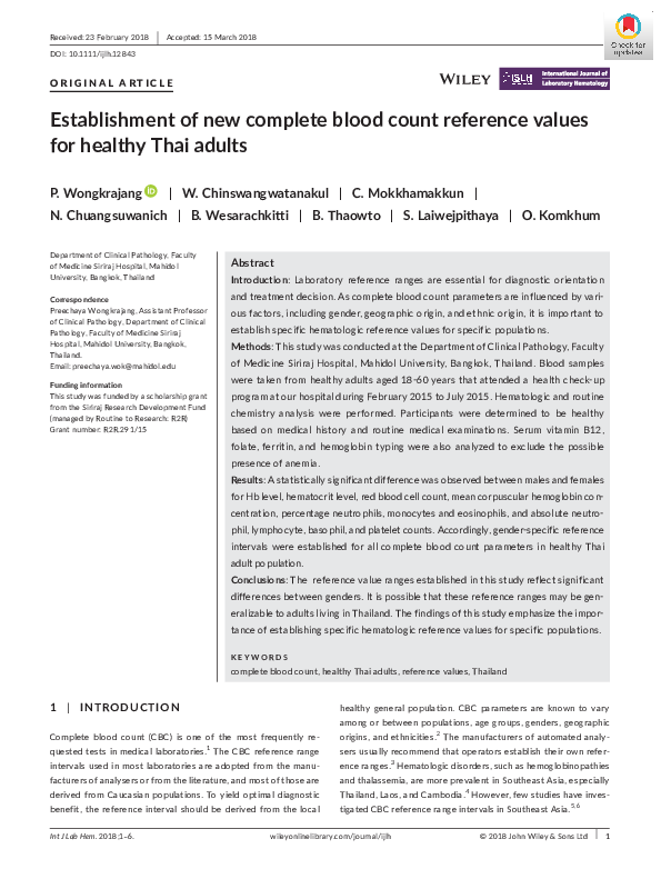 (PDF) Establishment of new complete blood count reference values for ...