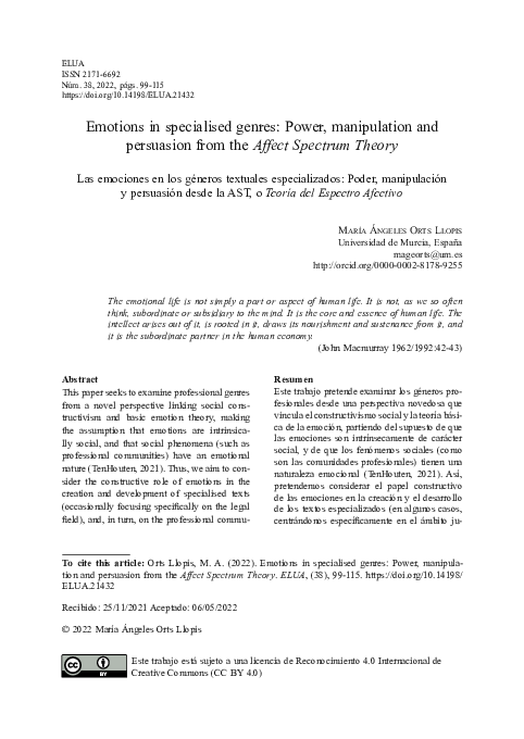 (PDF) Emotions in specialised genres: Power, manipulation and ...