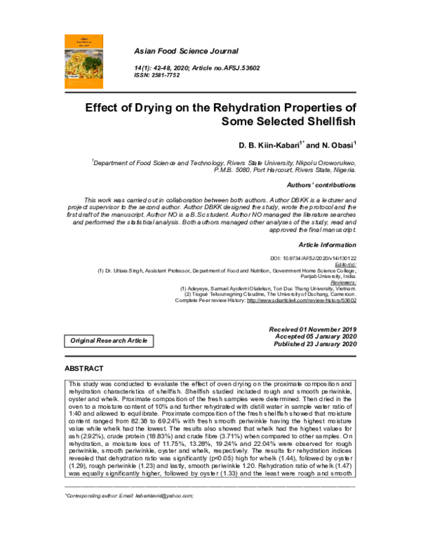 (PDF) Effect of Drying on the Rehydration Properties of Some Selected ...