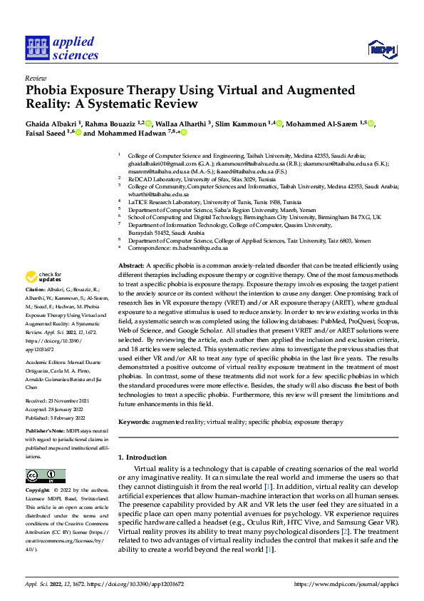 (PDF) Phobia Exposure Therapy Using Virtual and Augmented Reality A Systematic Review Rahma