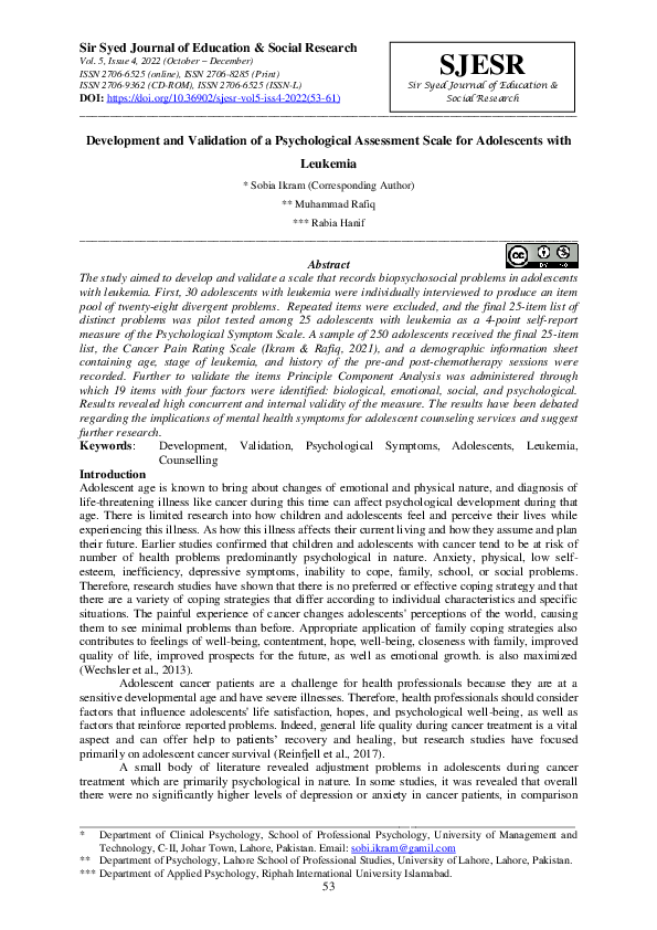 (PDF) Development and Validation of a Psychological Assessment Scale ...