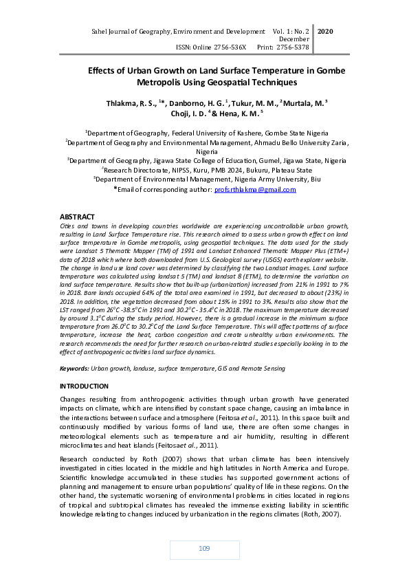 (PDF) Effects of Urban Growth on Land Surface Temperature in Gombe ...