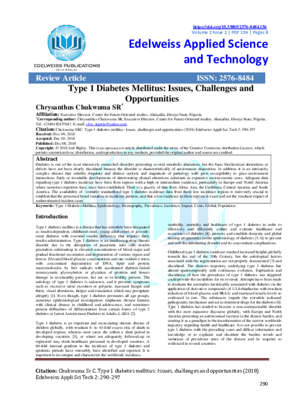 (PDF) Type 1 Diabetes Mellitus: Issues, Challenges and Opportunities