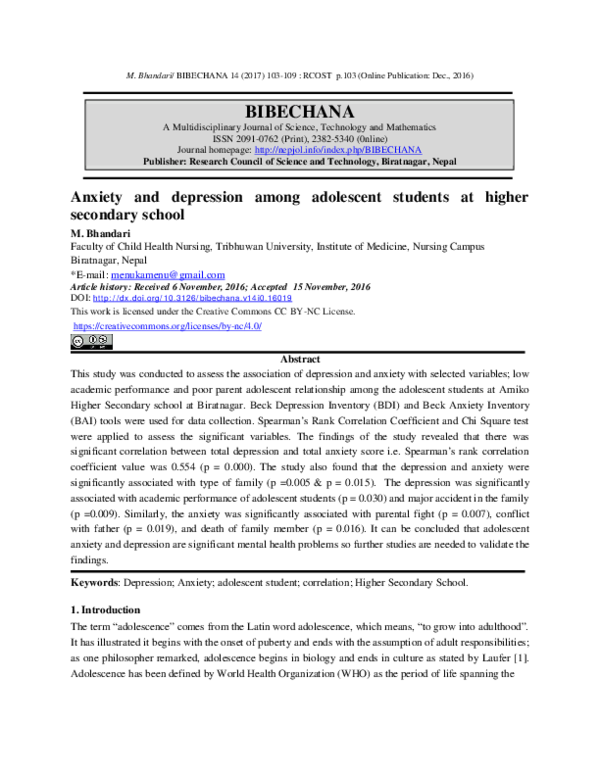 (PDF) Anxiety and depression among adolescent students at higher ...