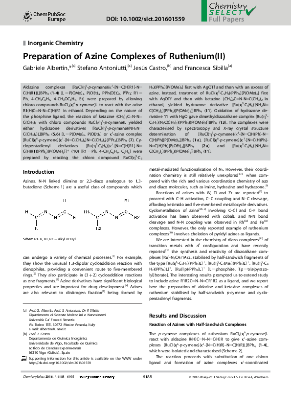 (PDF) Preparation of Azine Complexes of Ruthenium(II)