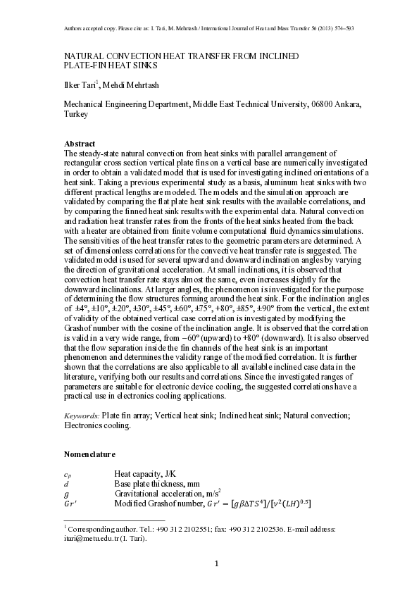 (PDF) Natural convection heat transfer from inclined plate-fin heat sinks