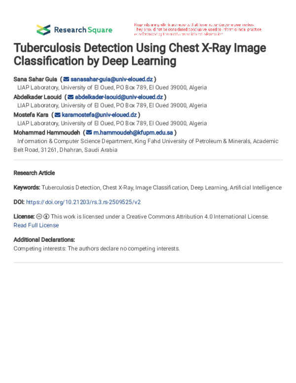 (PDF) Tuberculosis Detection Using Chest X-Ray Image Classification by ...