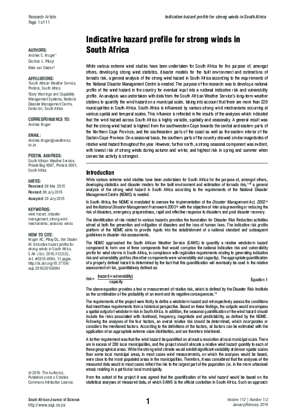 (PDF) Indicative hazard profile for strong winds in South Africa