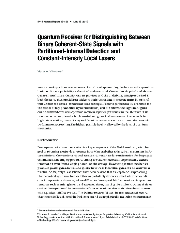 (PDF) Quantum Receiver for Distinguishing Between Binary Coherent-State ...