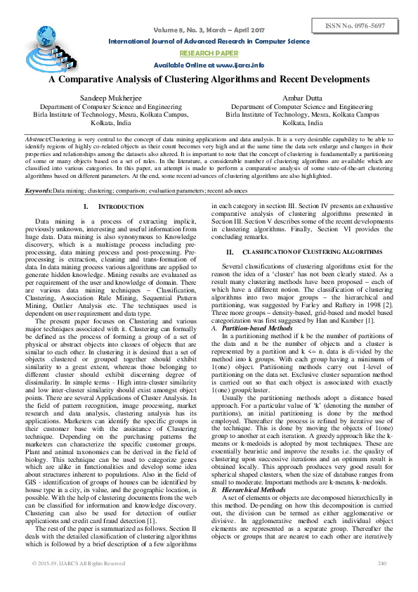 (PDF) A Comparative Analysis of Clustering Algorithms and Recent ...