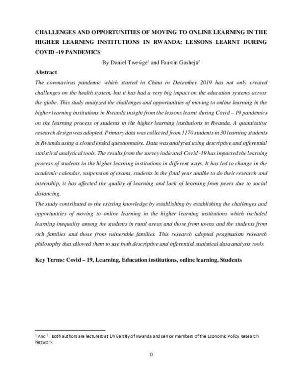 (PDF) Challenges and Opportunities of Moving to Online Learning in the ...