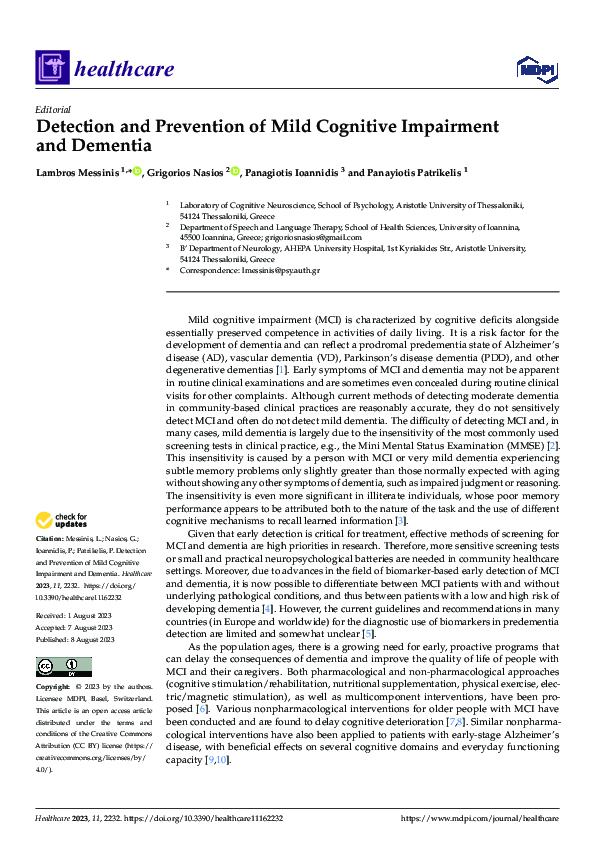 (PDF) Detection and Prevention of Mild Cognitive Impairment and Dementia