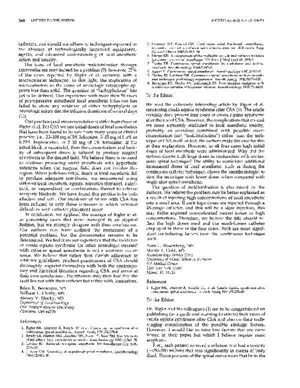 (PDF) Catheter Spinal Anesthesia and Cauda Equina Syndrome