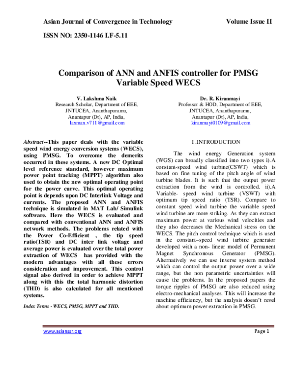 (PDF) Comparison of ANN and ANFIS controller for PMSG Variable Speed WECS