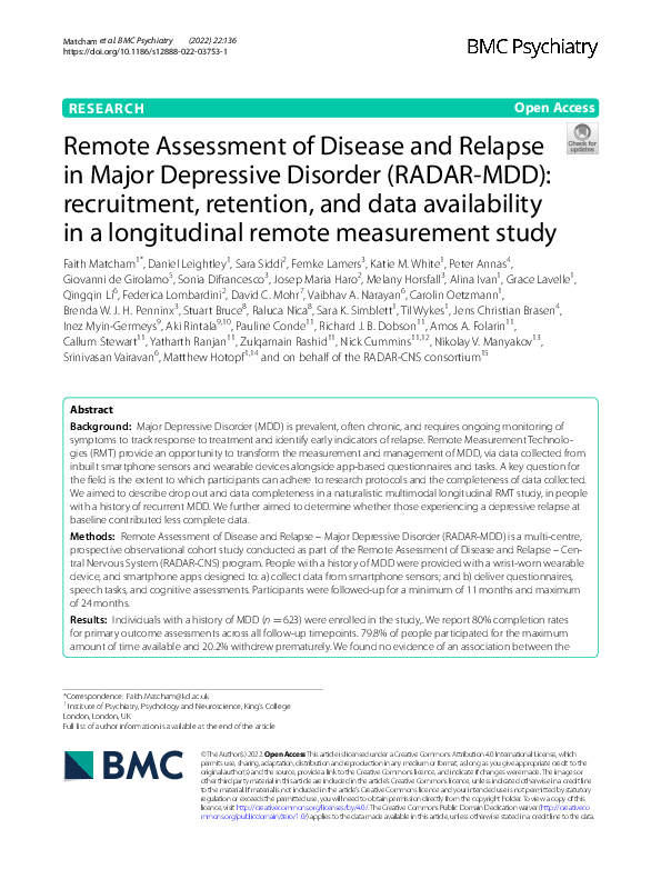(PDF) Remote Assessment of Disease and Relapse in Major Depressive ...