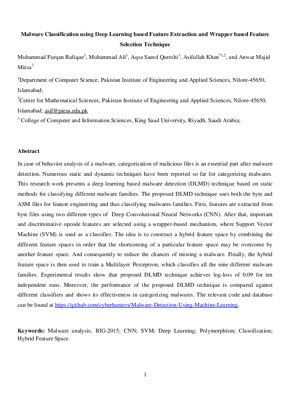 (PDF) Malware Classification using Deep Learning based Feature ...