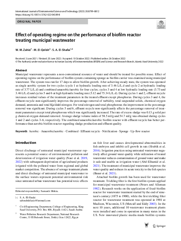 (PDF) Effect of operating regime on the performance of biofilm reactor ...