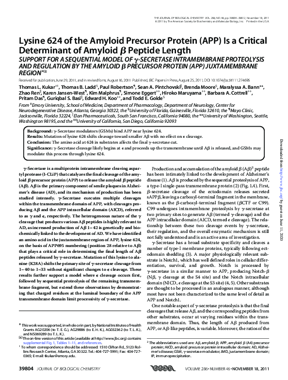 (PDF) Lysine 624 of the Amyloid Precursor Protein (APP) Is a Critical ...
