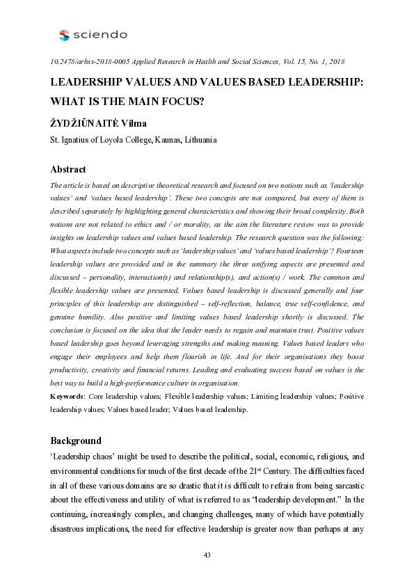 (PDF) Leadership Values and Values Based Leadership: What is the Main ...