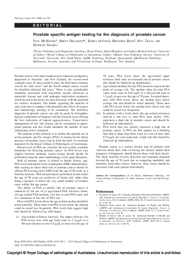 (PDF) Prostate specific antigen testing for the diagnosis of prostate ...
