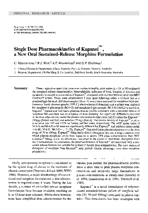 (PDF) Single Dose Pharmacokinetics of Kapanol™, a New Oral Sustained ...