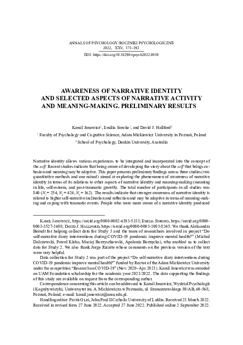 (PDF) Awareness of narrative identity and selected aspects of narrative ...