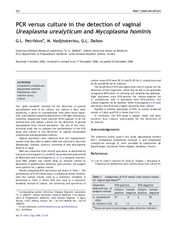 (PDF) PCR versus culture in the detection of vaginalUreaplasma ...