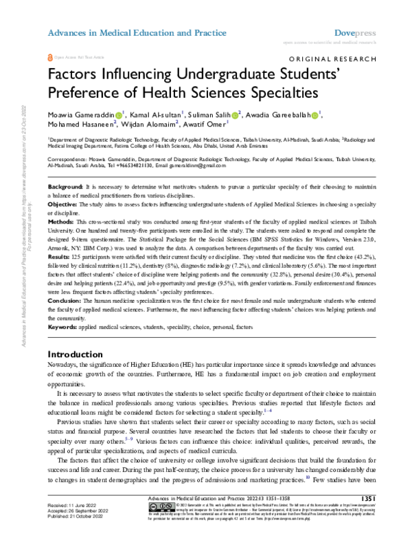 Factors Influencing Undergraduate Students’ Preference of Health Sciences Specialties