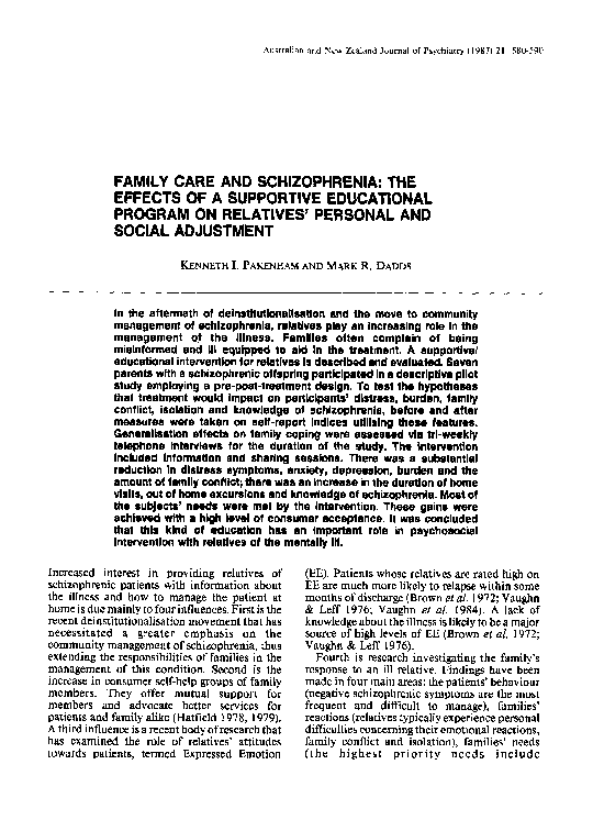 (PDF) Family Care and Schizophrenia: The Effects of a Supportive ...