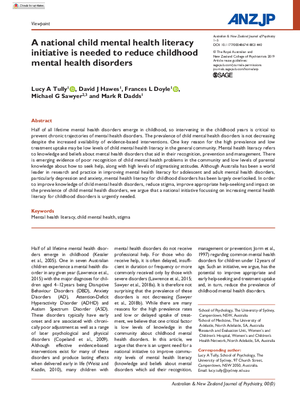 (PDF) A national child mental health literacy initiative is needed to ...