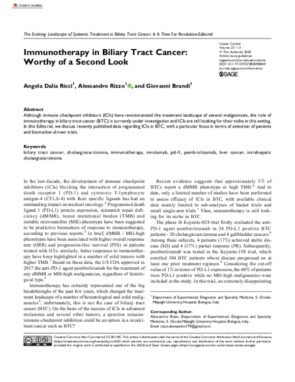 (PDF) Immunotherapy in Biliary Tract Cancer: Worthy of a Second Look