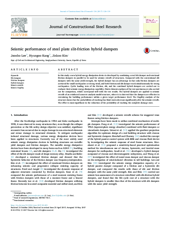 (PDF) Seismic performance of steel plate slit-friction hybrid dampers