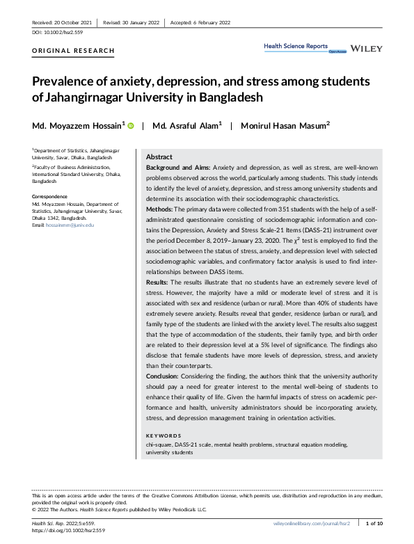 (PDF) Prevalence of anxiety, depression, and stress among students of ...