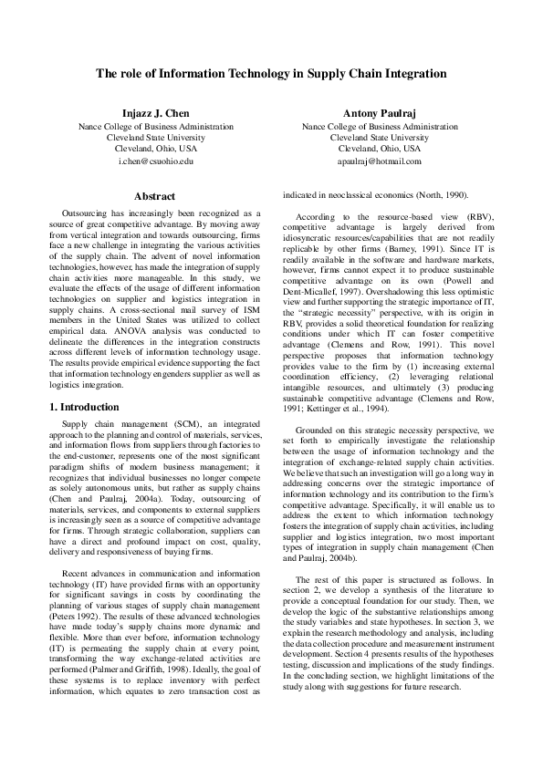 (PDF) The role of information technology in supply chain integration