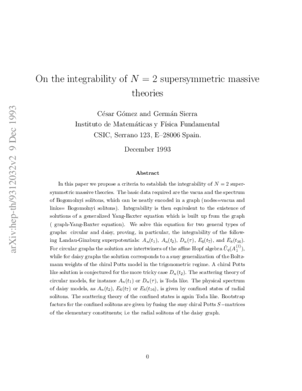 (PDF) On the integrability of N = 2 supersymmetric massive theories